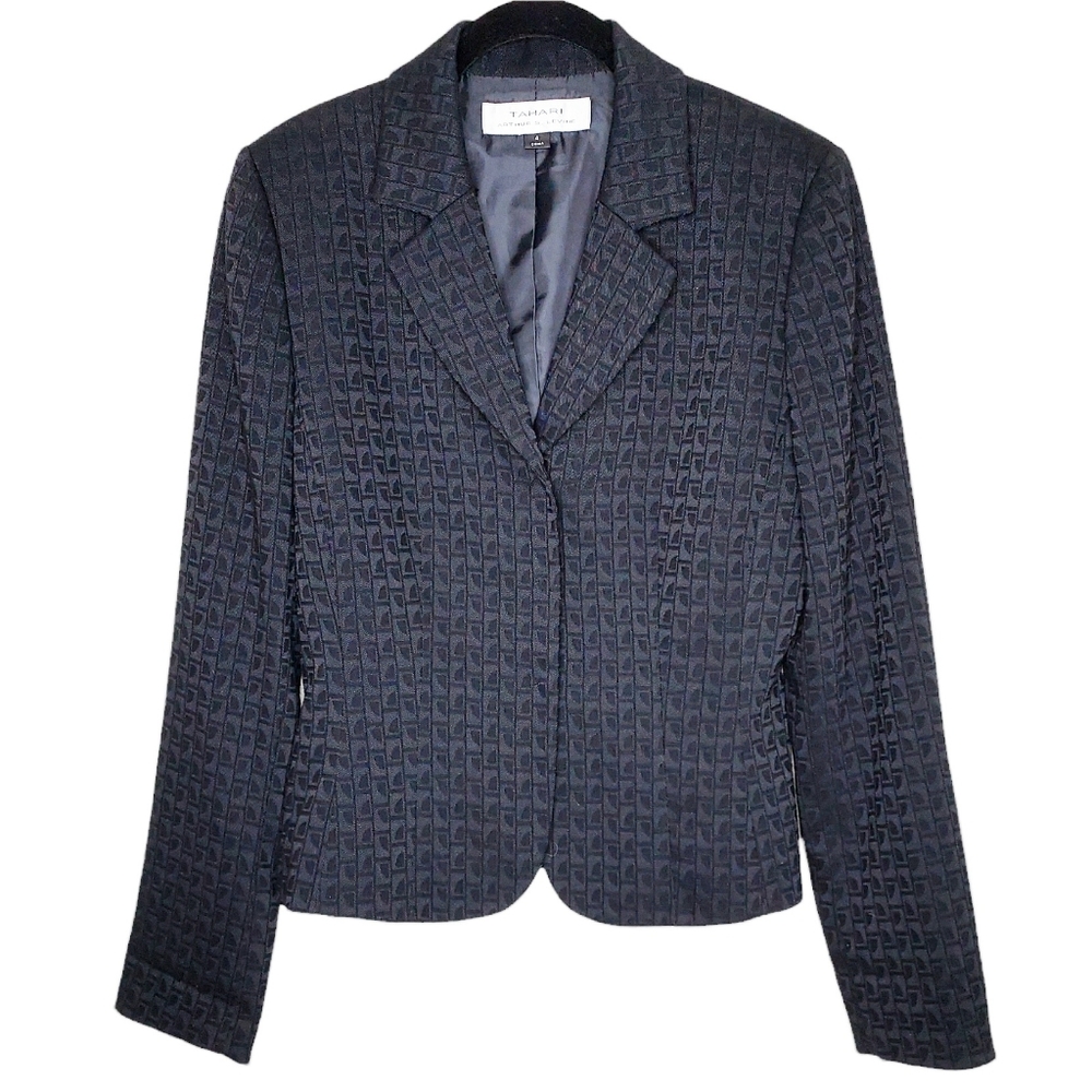 Tahari Arthur S. Levine Women 4 Office Siren Black Corpcore Fitted Print Blazer